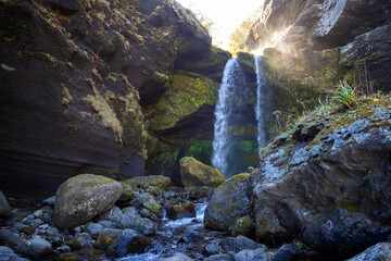 Rock with waterfalls, Iturup Island, South Kuriles