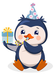 Cartoon charming penguin with a gift, in a cap, dudid to the tune. Vector illustration
