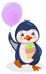 A cute cartoon penguin with a gift carries a balloon. Vector illustration