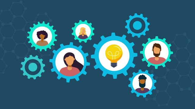 light bulb with gears concept animation.people team with gears rotating animation.Gears Humans Teamwork.