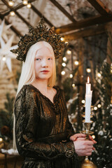 young albino woman with blue eyes and long white hair in beautiful green dress and crown stands in loft room decorated with wooden greenhouse and Christmas trees with twinkle lights, diverse people - obrazy, fototapety, plakaty