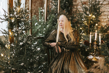young albino woman with blue eyes and long white hair in beautiful green dress and crown stands in loft room decorated with wooden greenhouse and Christmas trees with twinkle lights, diverse people