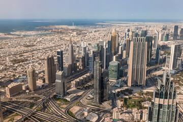Fototapeta na wymiar Cityscape of Dubai, View on Downtown from At the top of Burj Khalifa