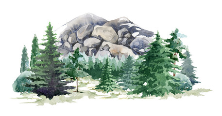 Nature forest scene. Watercolor illustration. Hand drawn rocky mountains, trees, bush. Wild landscape element. North woodland nature with rocky mountains, fir trees, bushes. White background © anitapol