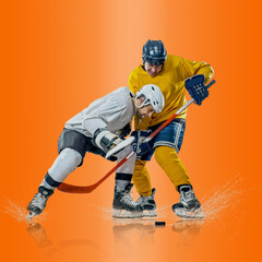 Professional ice hockey player hitting puck for winning goal in action on gradient multicolored neon background. Concept of sport competition.