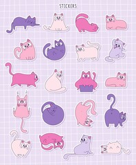 Large set of stickers with cute cartoon cats. Funny cats on checkered background. Label Sticker. Vector illustration