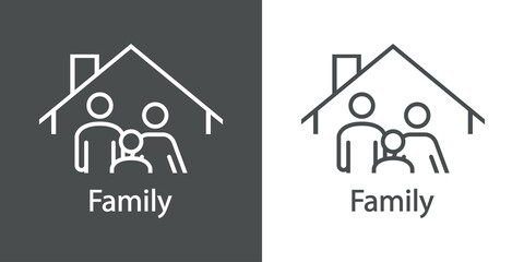 Seguro del hogar. Logotipo con texto Family con silueta de hombre, mujer y niño en tejado de casa con líneas en fondo gris y fondo blanco