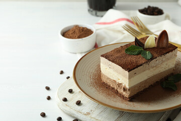 Concept of tasty dessert with Tiramisu cake, space for text