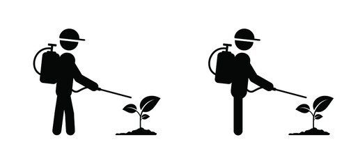 Cartoon man spraying toxic or weedkiller on plants, flowers or grass. Stickman, stick figure man with spraying weed killer. Vector icon or pictogram. Garden tools. Sprayed on a weed. Insect repellent - obrazy, fototapety, plakaty