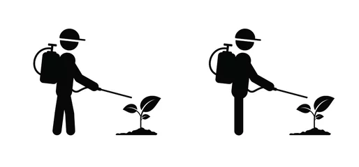 Fotobehang Cartoon man spraying toxic or weedkiller on plants, flowers or grass. Stickman, stick figure man with spraying weed killer. Vector icon or pictogram. Garden tools. Sprayed on a weed. Insect repellent © MarkRademaker