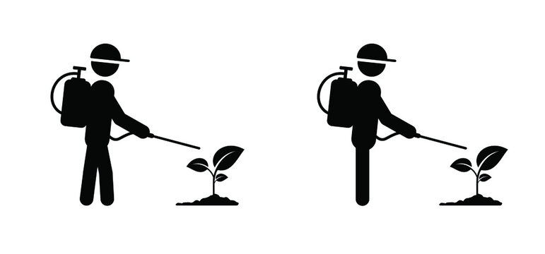 Cartoon man spraying toxic or weedkiller on plants, flowers or grass. Stickman, stick figure man with spraying weed killer. Vector icon or pictogram. Garden tools. Sprayed on a weed. Insect repellent