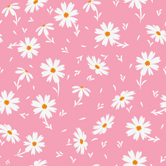 White doodle chamomile or daisy flowers isolated on pink background. Hand drawn floral seamless pattern vector illustration. Great for textile, paper, baby girl, fabric, gift wrap and more.