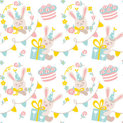Cute bunny, cake, gift box. Celebration birthday . Seamless pattern for kid products.