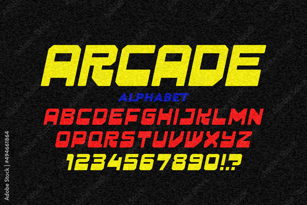 Fototapete arcade game retro style font design, alphabet letters and numbers vector illustration