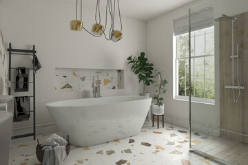 Modern bathroom interior with wooden decor in eco style. 3D Render	