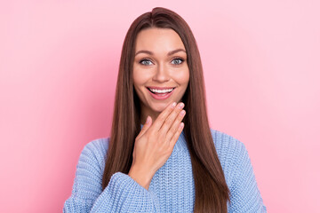 Photo of young charming woman good mood laughing humorous comedy isolated over pink color background