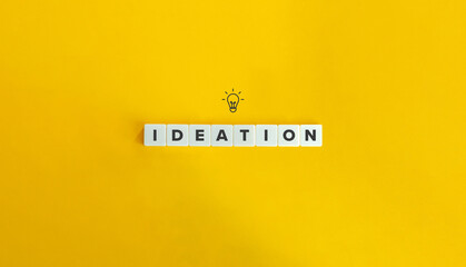 Ideation Word and Bulb Icon. Letter Tiles on Yellow Background. Minimal Aesthetics.