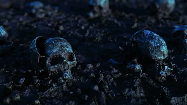 Human skulls scattered on the field of a past battle. War crimes, massacre on humanity. The concept of war and apocalypse.