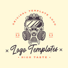 Robot head character template logo with car wheel themed mask and snow goggles. vector