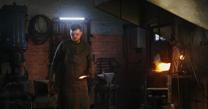 Blacksmith workplace, iron forging workflow.