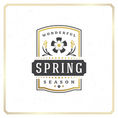 Obraz premium Spring badge vector typographic design vintage greeting card. Golden textured background. Eps 10.