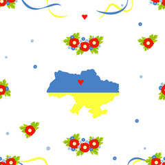 Ukrainian Seamless pattern. Yellow-blue map of Ukraine in colors of Ukrainian flag, floral wreath with red flowers and cornflowers with ribbons on white background. Vector illustration