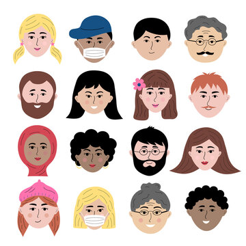 Hand drawn human faces doodle set. Colorful people avatars of different sex, nationality, age for social networks, website. Portrait with positive facial expression.