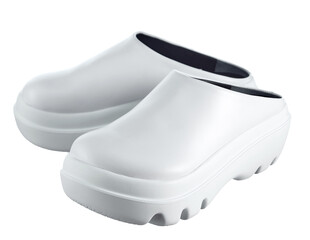 Magnificent pair of summer shoes with an open heel, made of snow-white leather, with a shock-absorbing rubber sole, isolated on a white background. Favorite shoes of medical workers.