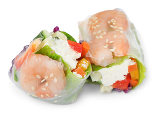 Delicious rolls wrapped in rice paper on white background, closeup