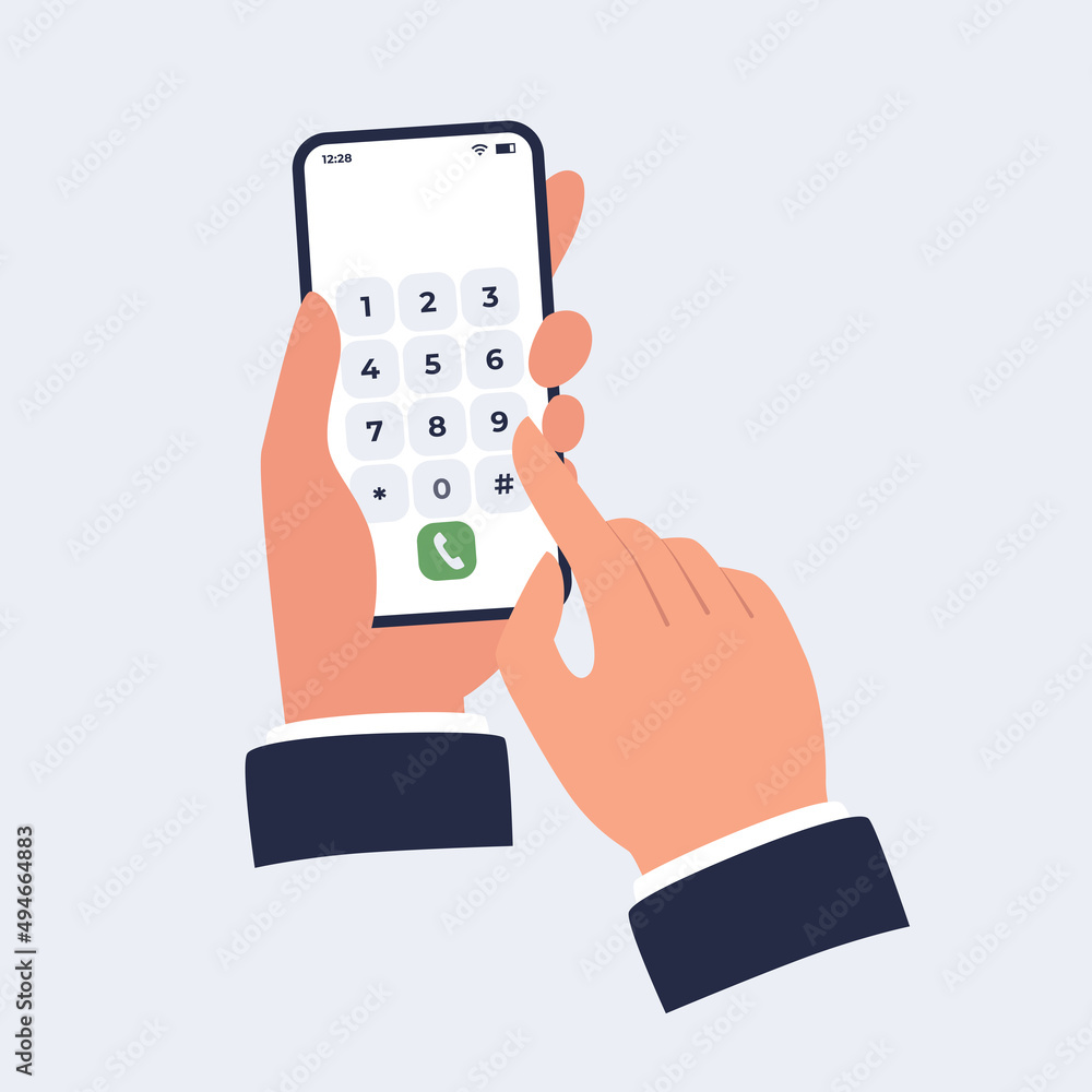 Aufkleber hand holding smartphone with dialing screen. mobile phone with a numeric keypad on a touch screen. v