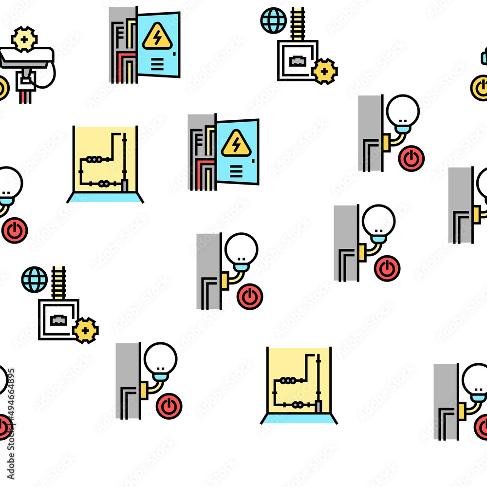 Poster electrical installation tool icons set vector. socket and substation automation box installation, wa