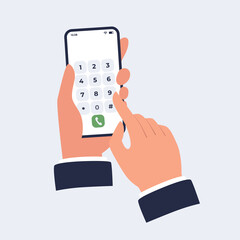 Hand holding smartphone with dialing screen. Mobile phone with a numeric keypad on a touch screen. Vector flat illustration on a light isolated background.