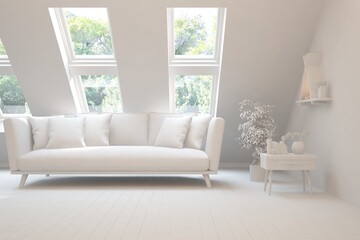 Mock up of stylish room in white color with sofa and green landscape in window. Scandinavian interior design. 3D illustration