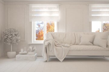 Mock up of minimalist living room in white color with sofa. Scandinavian interior design. 3D illustration