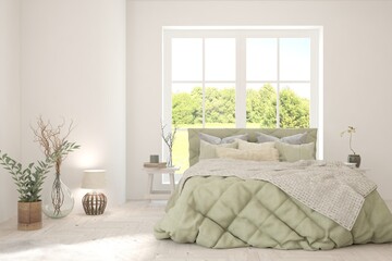 Soft color bedroom interior. Scandinavian design. 3D illustration