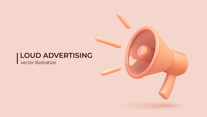 Marketing or advertising concept, 3d megaphone loudspeaker in realistic cute cartoon style. Vector illustration