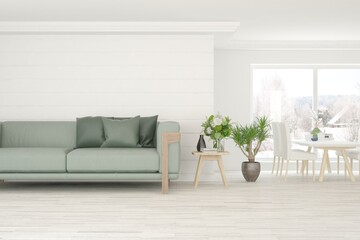 White living room with sofa. Scandinavian interior design. 3D illustration