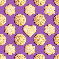 Seamless pattern with butter cookies in the form of heart, flower on purple background