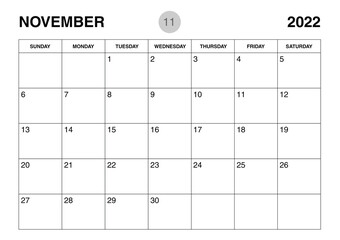 November 2022 year planner template, calendar 2022 template, monthly and yearly planners. organizer diary. week start Sunday, corporate planner template, Desk calendar 2022 year, Vector illustration