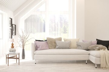 White living room with sofa. Scandinavian interior design. 3D illustration