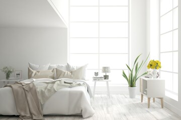 Soft color bedroom interior. Scandinavian design. 3D illustration