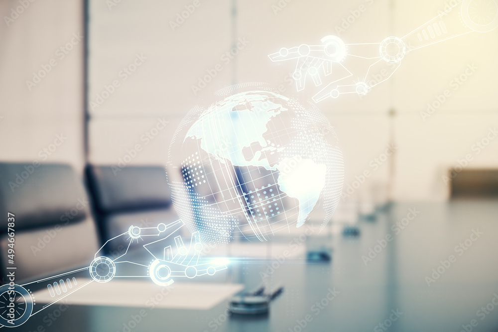 Aufkleber abstract virtual robotics technology sketch with globe on a modern boardroom background, future tech