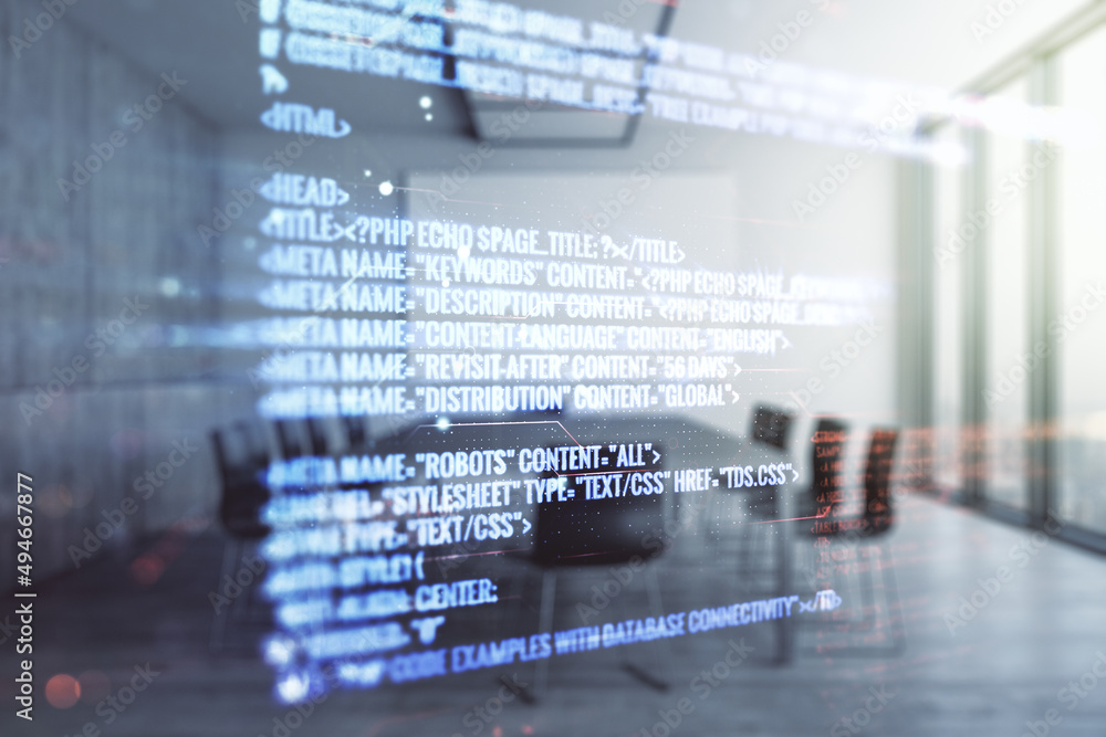 Poster multi exposure of abstract creative coding sketch on a modern conference room background, artificial