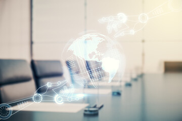 Abstract virtual robotics technology sketch with globe on a modern boardroom background, future technology and AI concept. Double exposure