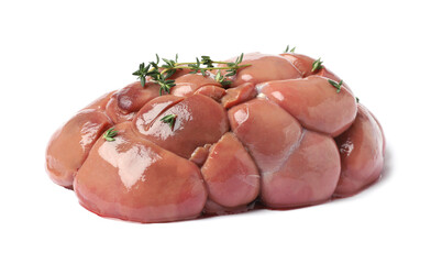 Fresh raw kidney meat with thyme isolated on white
