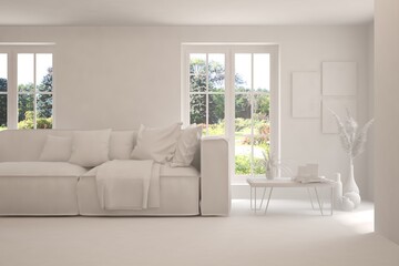 Mock up of stylish room in white color with sofa and green landscape in window. Scandinavian interior design. 3D illustration