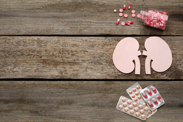 Paper cutout of kidneys and pills on wooden table, flat lay. Space for text
