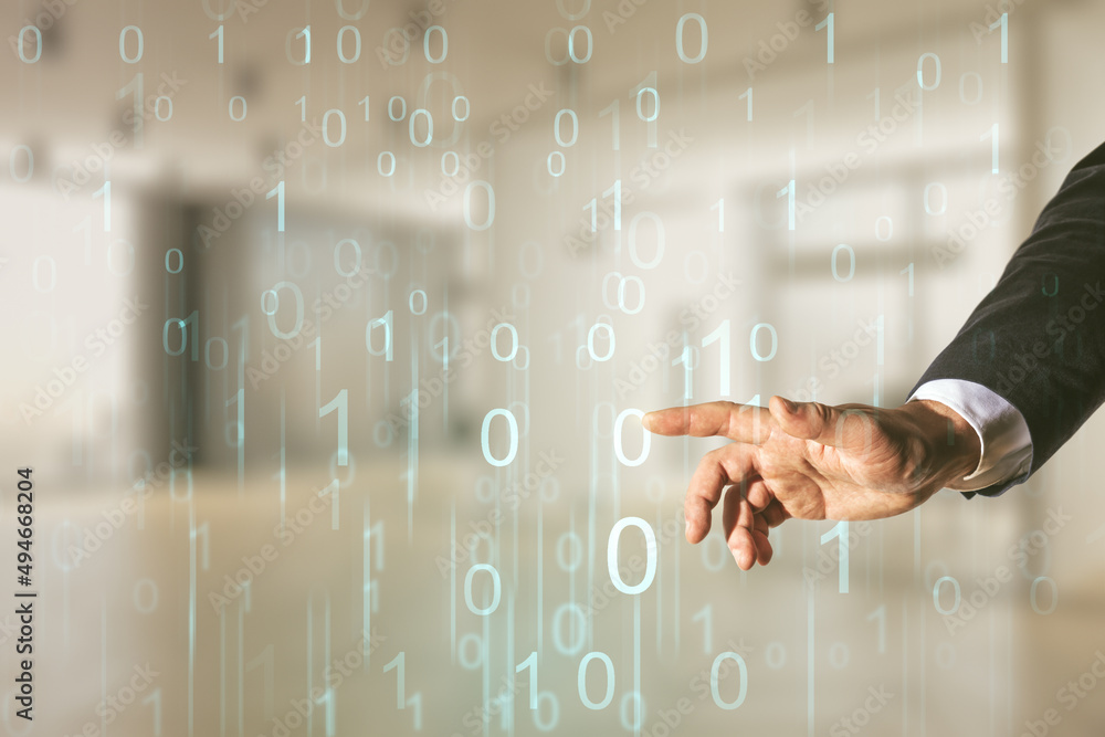 Poster man hand clicks on abstract virtual binary code hologram on blurred office background, ai and machin