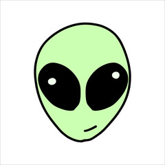 Vector Alien face drawn in a flat style. Green man sticker from space. Children's space illustration.