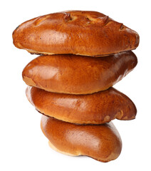 Many delicious baked patties on white background